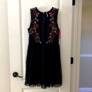 Embroidered, black chiffon dress